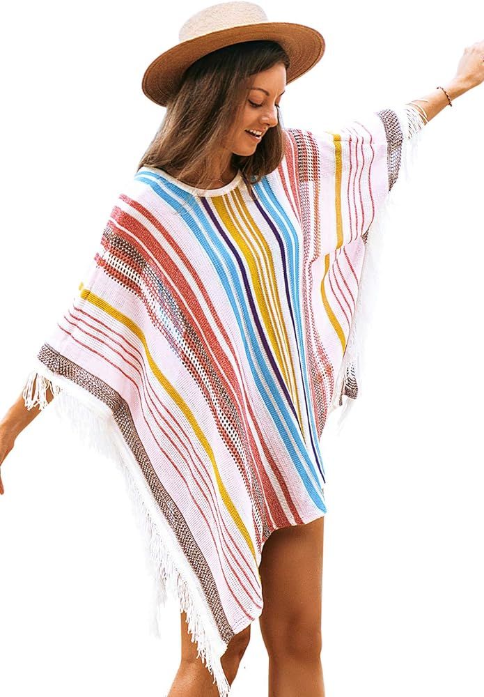 CUPSHE Women's Crochet Beach Bikini Cover Up Colorful Strip Tassels V Neck Drop Shoulde 3/4 Sleeve L | Amazon (US)