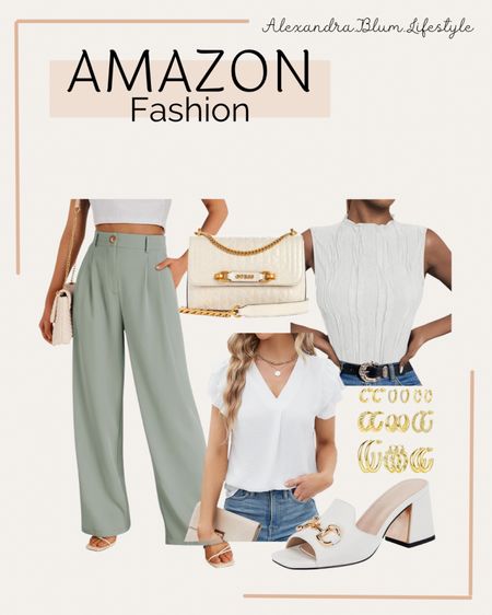 Amazon work outfit ideas! Business casual attire! Min green dress pants, white work tops and blouses, white low heel work shoes, and work purse bag!! gold earring set. Amazon fashion! Amazon trends! Spring work outfit! Spring outfit! 

#LTKworkwear #LTKfindsunder100 #LTKfindsunder50