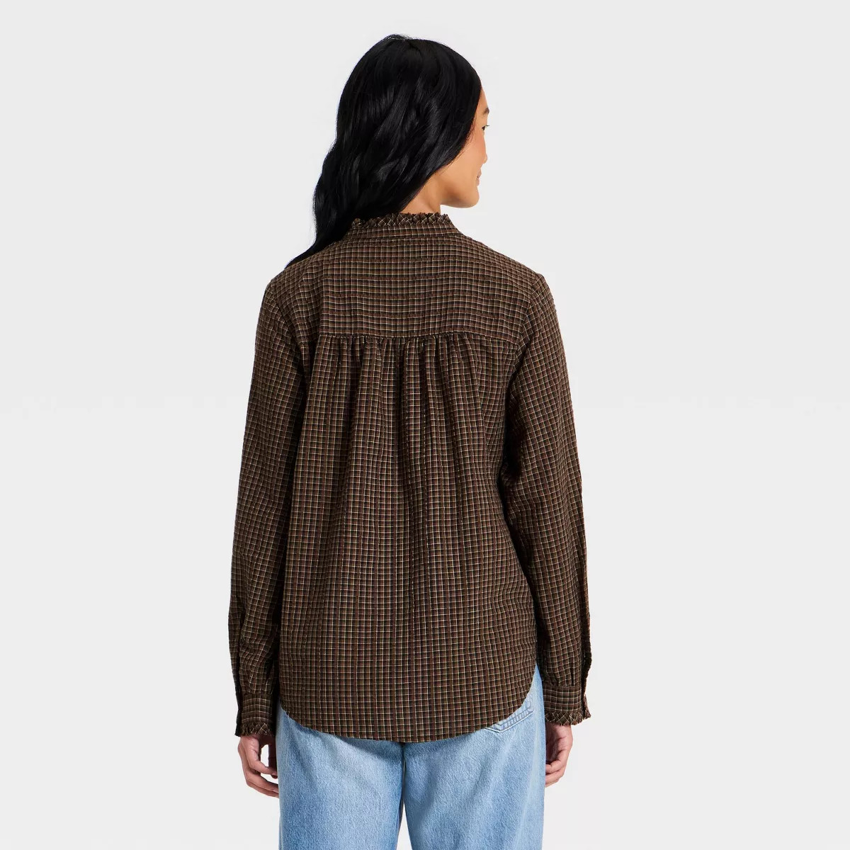 Women's Ruffle Long Sleeve Button-Up Ruff Collared Neck Blouse - Universal Thread\u2122 Brown Pla... | Target