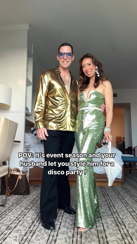 Disco themed outfit for him & her (w/ green sequin flare leg jumpsuit & gold top for him) perfect for Vegas, a Halloween party, or heading to the club! #styleofsam #disco

#LTKOver40 #LTKParties