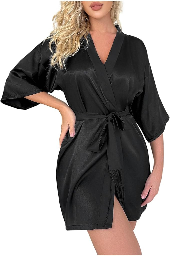 Women's Satin Kimono Robe Sexy Solid Color Shower Spa Robes Slip Silky Bathrobe Kimono Bridesmaid... | Amazon (US)