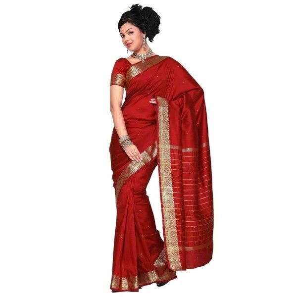 Maroon Art Silk Saree Sari fabric India Golden Border | Bed Bath & Beyond