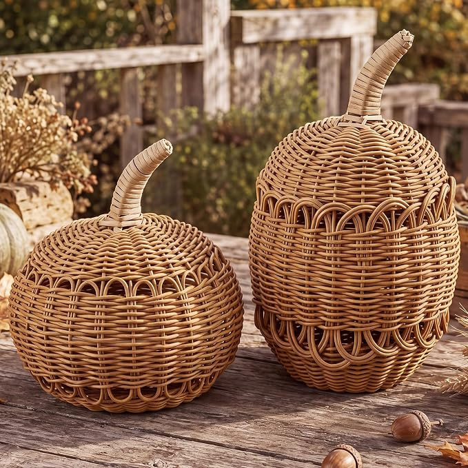 2 Pcs Outdoor Large Fall Rattan Pumpkin Decoration | 8.86/11.8 Inch Rustic Woven Wicker, for Tabl... | Amazon (US)