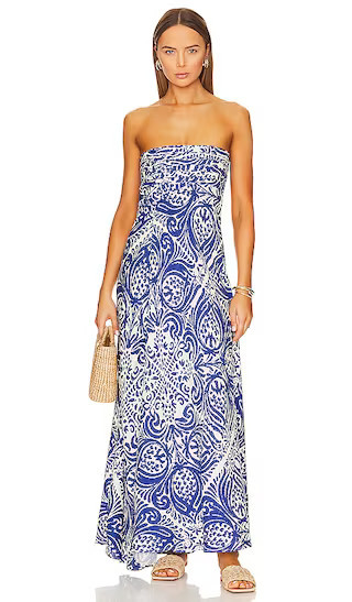 Pombeline Strapless Corded Maxi Dress in Ivory & Deep Blue Royal Blue Dress Italy Greece Dress | Revolve Clothing (Global)