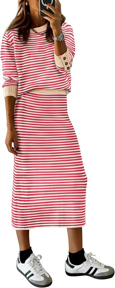 PRETTYGARDEN 2 Piece Skirts Sets for Women Fall Fashion 2026 Striped Sweater Dress Knit Lounge Tr... | Amazon (US)