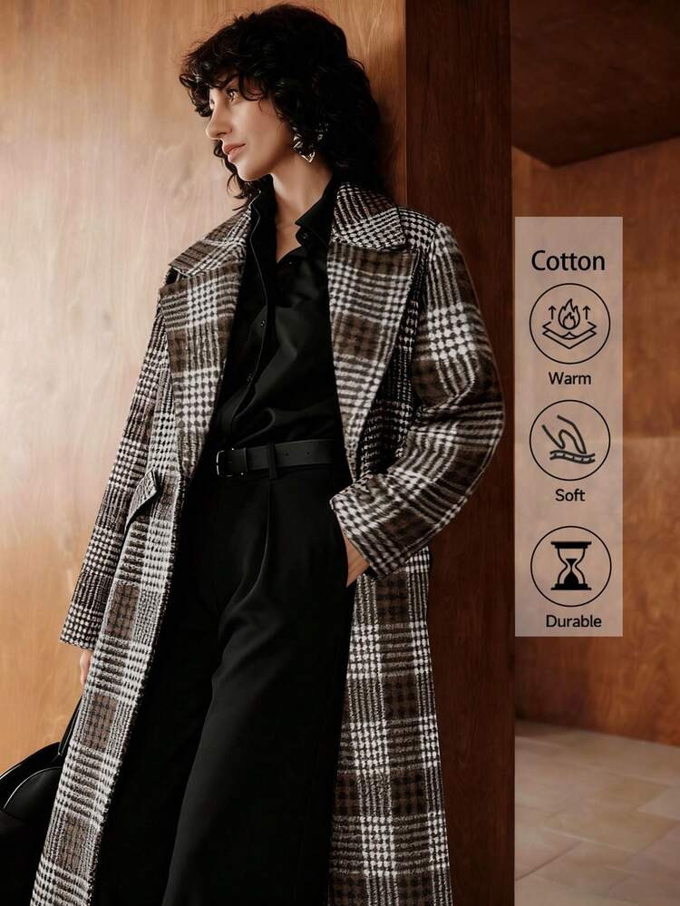 Zovinel Women's Houndstooth Wool Blend Long Coat, Casual Business Commute Outerwear For Autumn/Winter | SHEIN