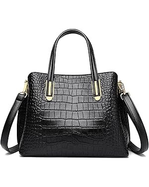 Top Handle Tote Bag Crocodile Genuine Leather Handbags for Women Cross Body Bags Ladies Black Sho... | Amazon (US)