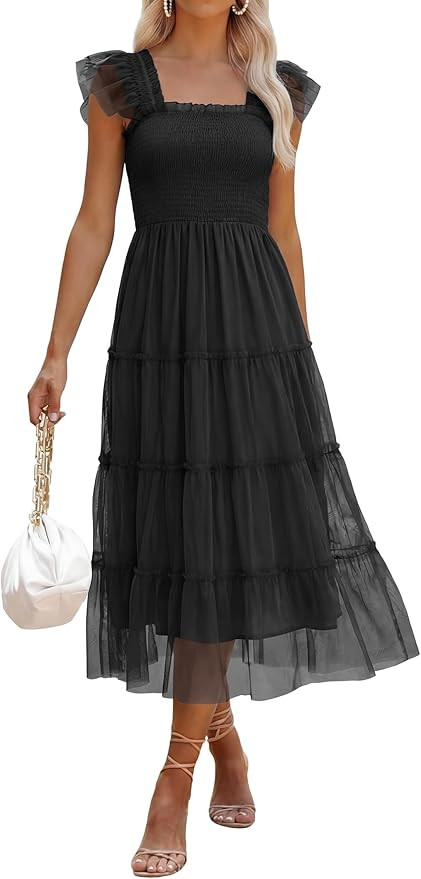 ANRABESS Women Summer Floral Midi Dress Sleeveless Boho Flowy Smocked RuffleTulle Beach Vacation ... | Amazon (US)