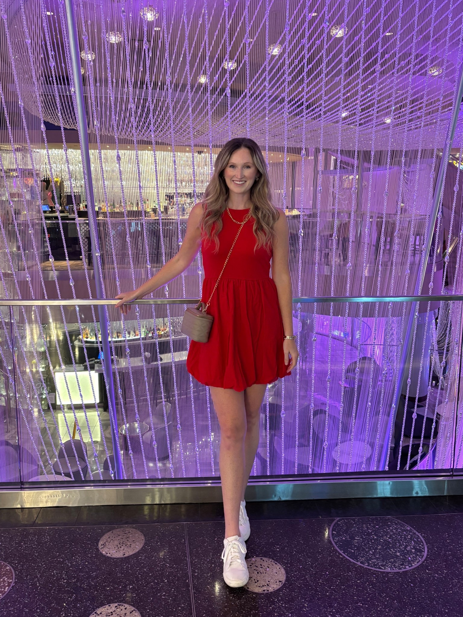 Comfortable and affordable tall girl friendly red bubble hem dress.  Las Vegas day outfit or perfect as a football game day outfit. Paired with quilted beige crossbody square bag and gold chain necklace


#LTKFindsUnder50 #LTKFallSale #LTKTall