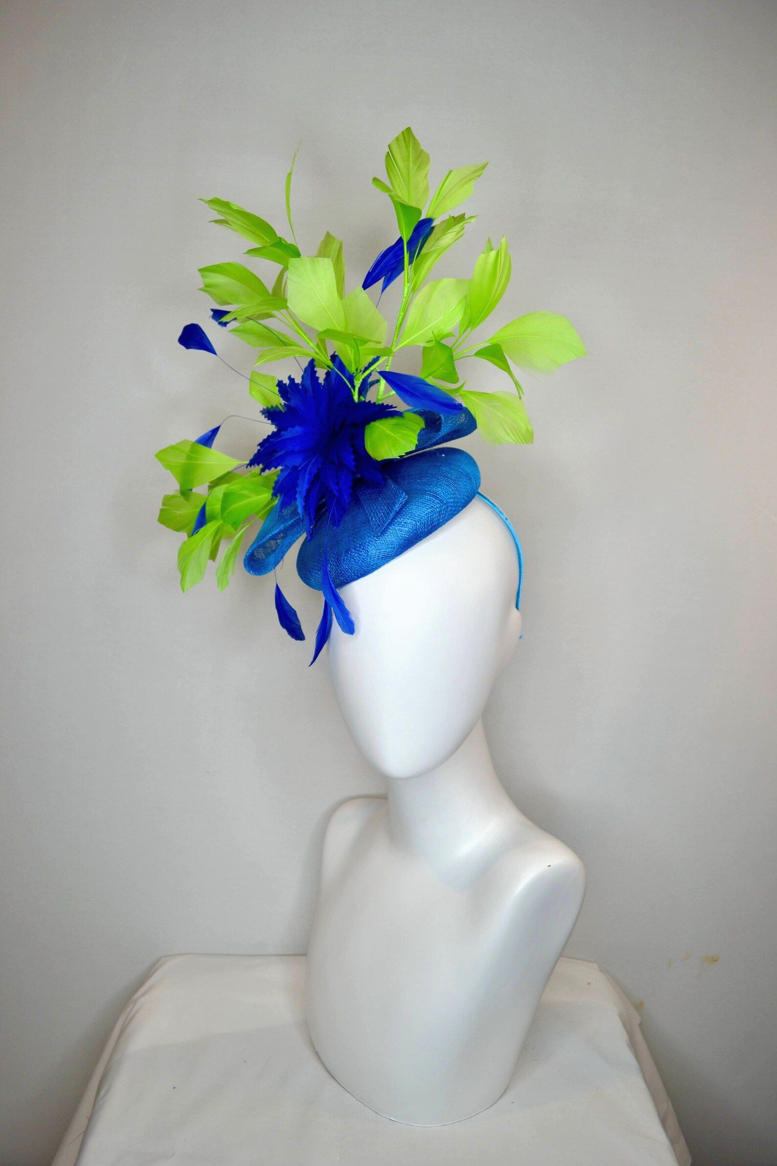 kentucky derby hat fascinator sinamay bright blue sinamay and matching feather flower with bright... | Etsy (US)