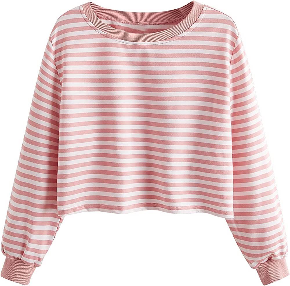 SweatyRocks Women's Casual Long Sleeve Striped Cropped T-Shirt Casual Crop Tee Top | Amazon (US)