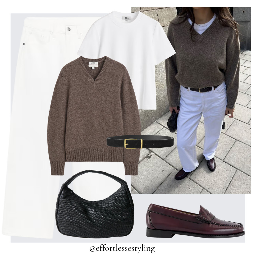Smart casual white wide leg jeans outfit.

Brown melange sculpted v neck cashmere jumper, white clean cut t-shirt, black suede belt with gold hardware, white wide leg jeans, burgundy leather loafers, black woven leather circular bag. 

 #LTKuk #LTKautumn #LTKworkwear