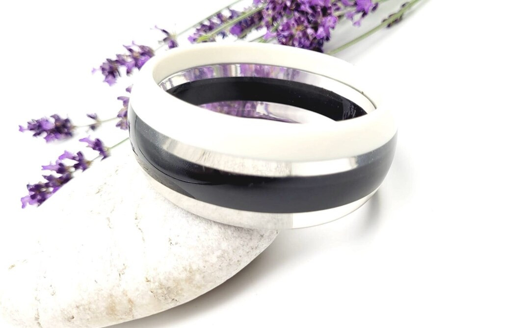 Retro Black, White and Clear Resin Bangle Bracelet Wide Bracelet Disco Bracelet Hand Made Jewelle... | Etsy (US)