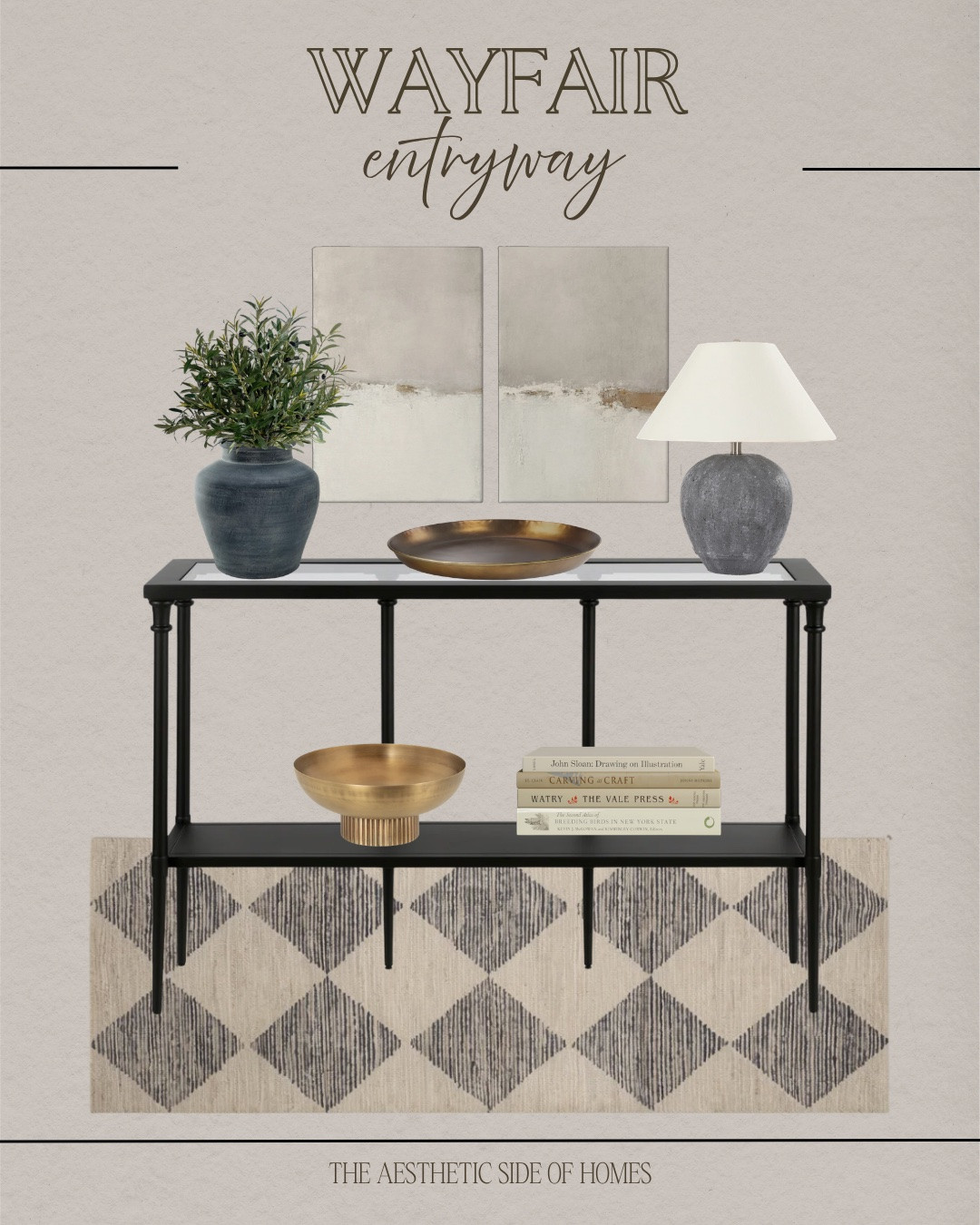 Entryway decor includes console decor, runner rug, decorative bowl, table lamp, decorative tray, vase, greenery stems, wall art.

Home decor, looks for less, entryway, 

@Wayfair

#LTKHome #LTKSaleAlert #LTKSeasonal