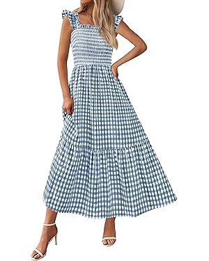 PRETTYGARDEN Women's Summer Dress Casual Square Neck Ruffle Strap Plaid Smocked Midi Dresses Flow... | Amazon (US)