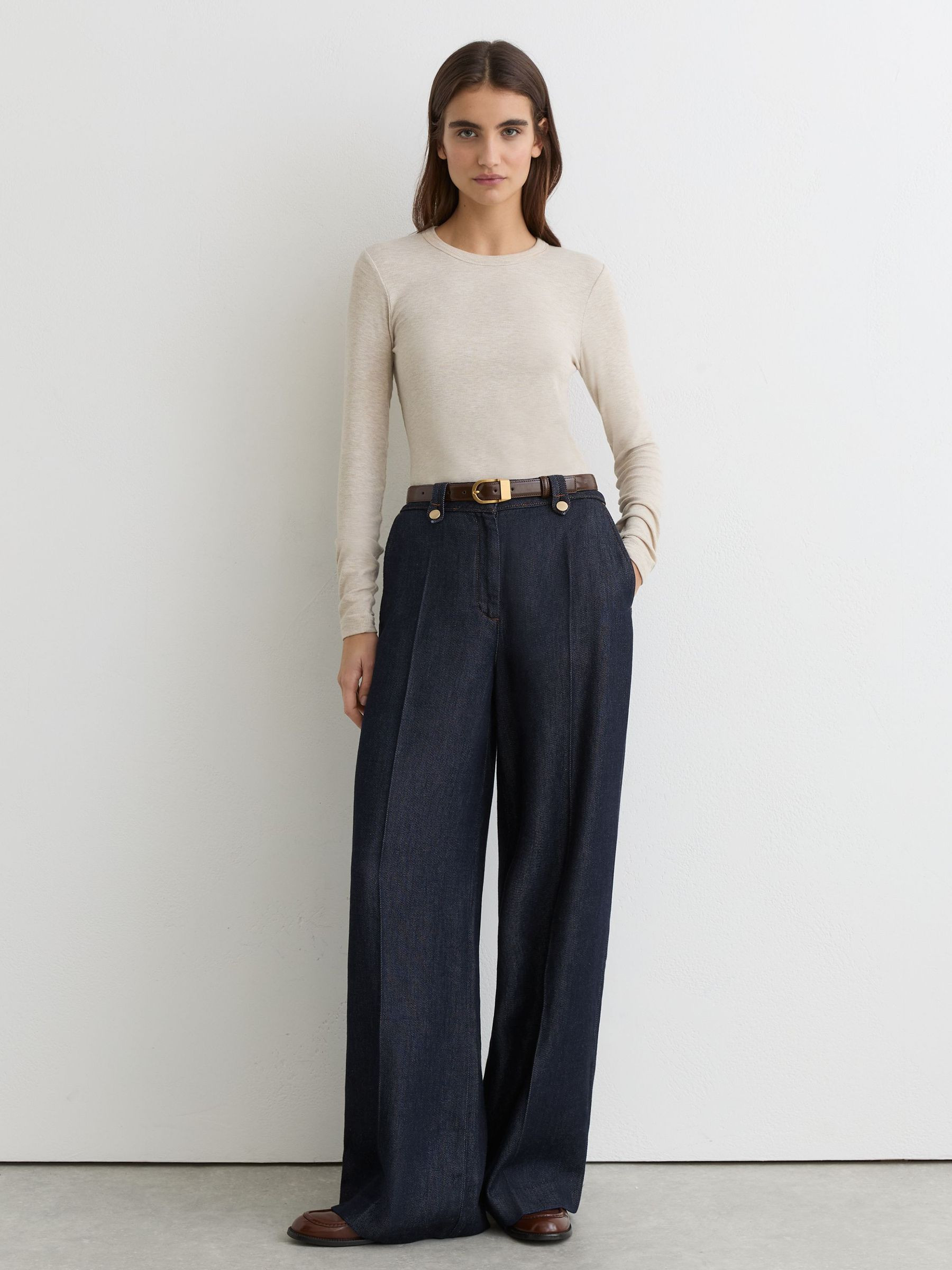 Lyocell Topstitched Wide-Leg Trousers in Indigo | Reiss UK