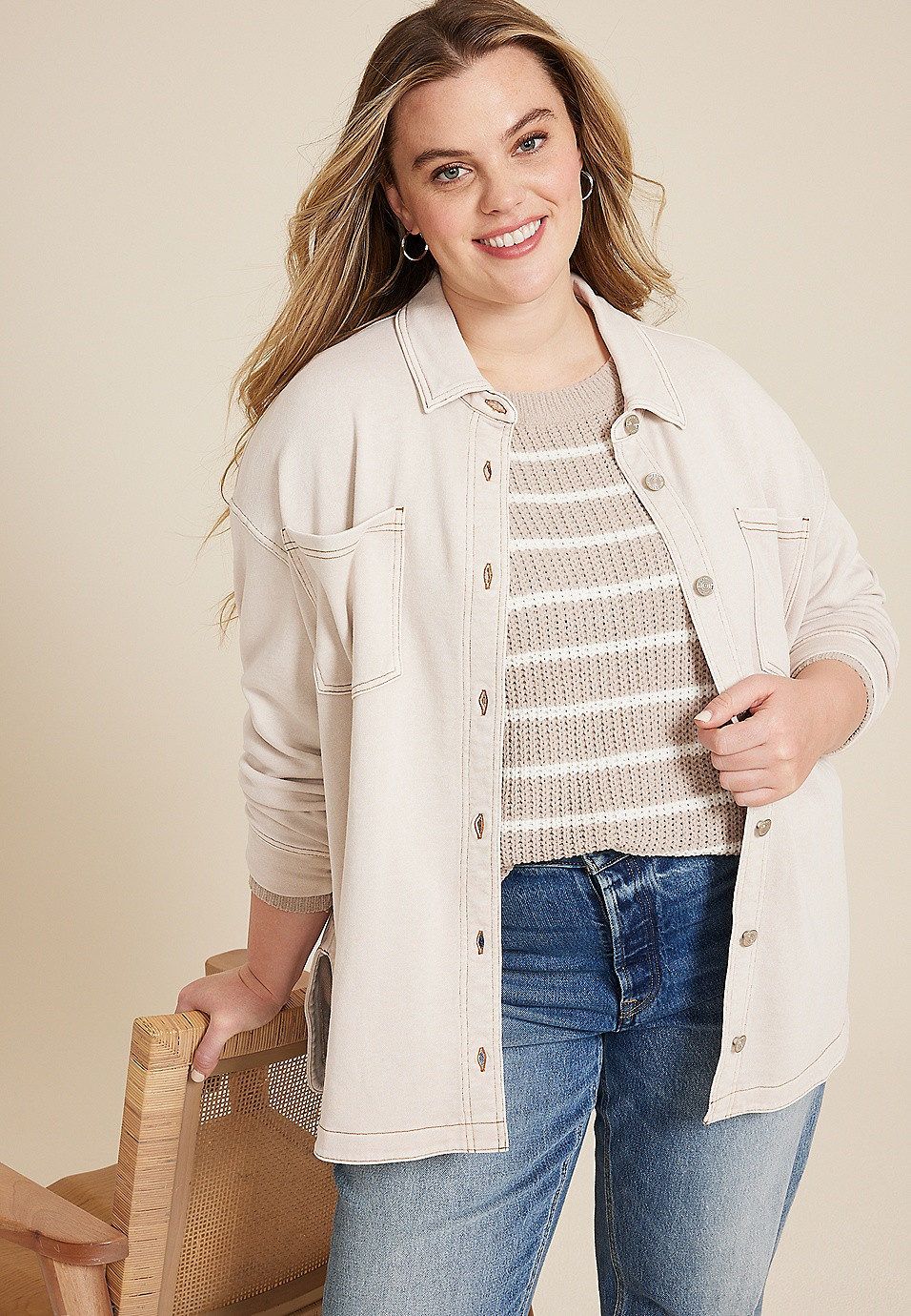 Plus Size Washed Knit Denim Shacket | Maurices