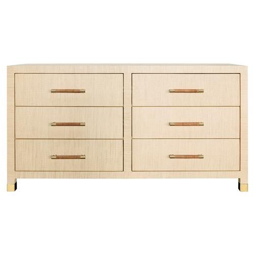 Worlds Away Winchester Coastal Natural Grasscloth Rattan Handle Double Dresser | Kathy Kuo Home