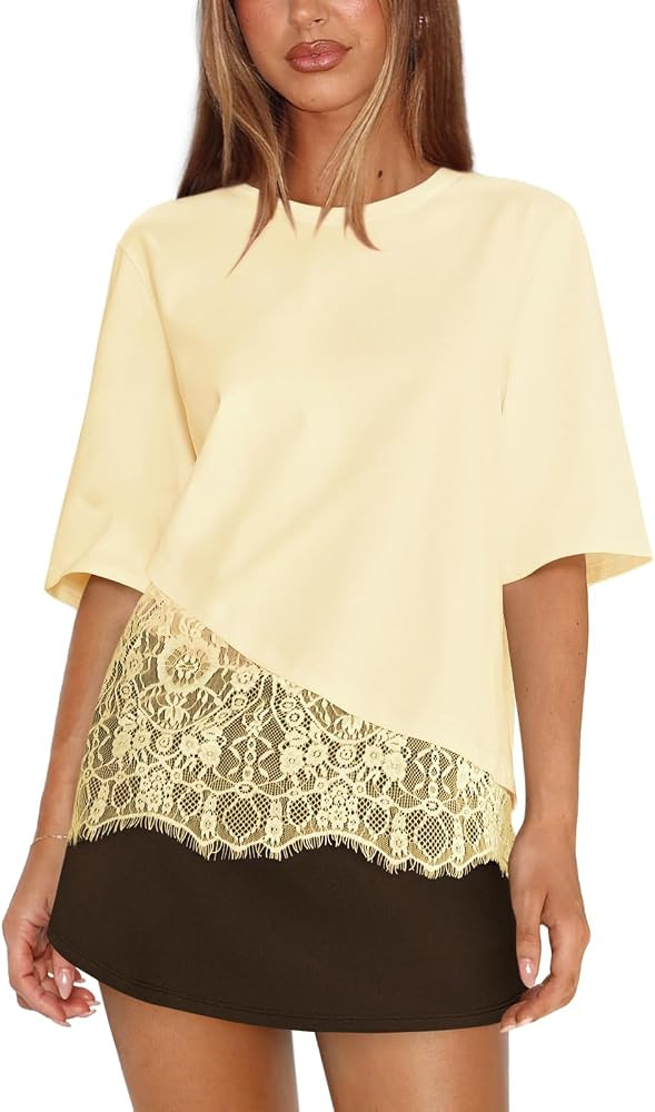 Womens Patchwork T Shirt with Lace Overlay Tops | Amazon (US)