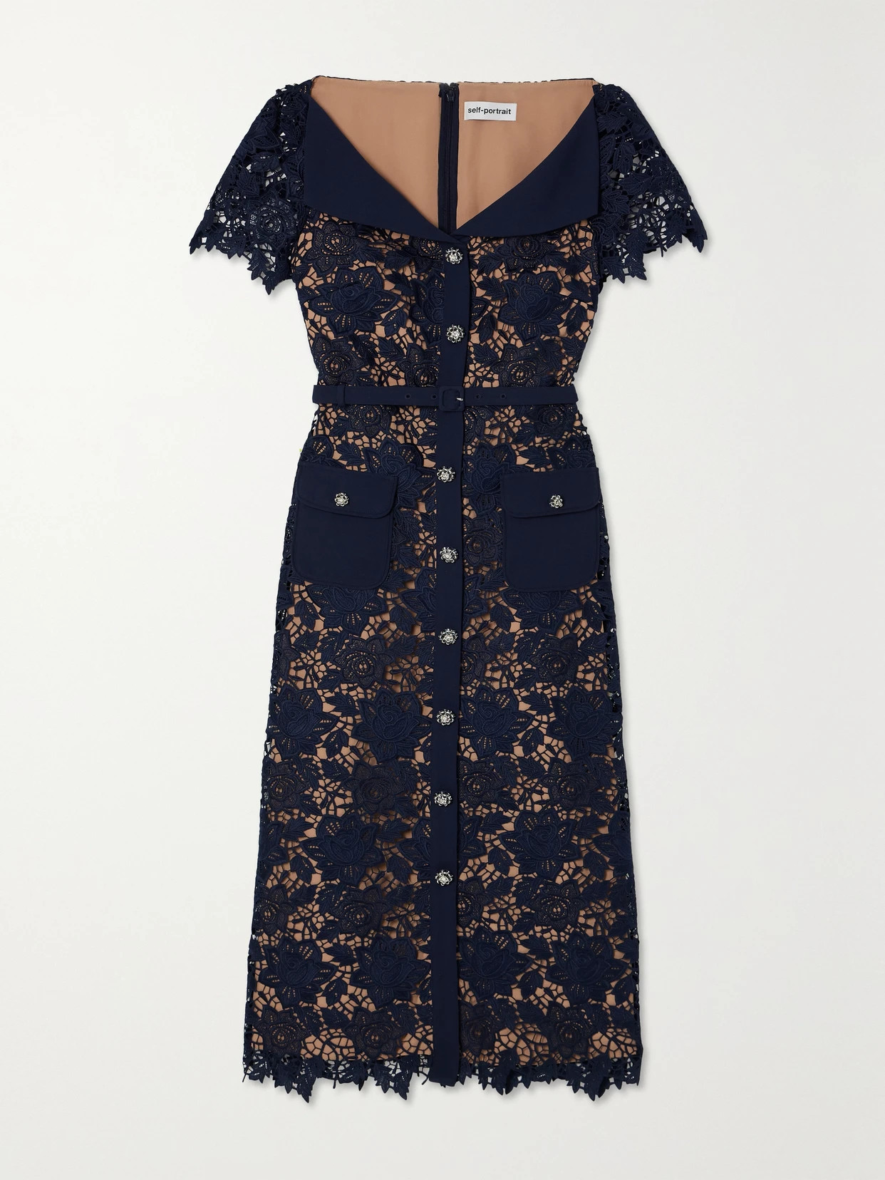 Self-Portrait - Belted Crystal-embellished Guipure Lace Midi Dress - Navy | NET-A-PORTER (UK & EU)