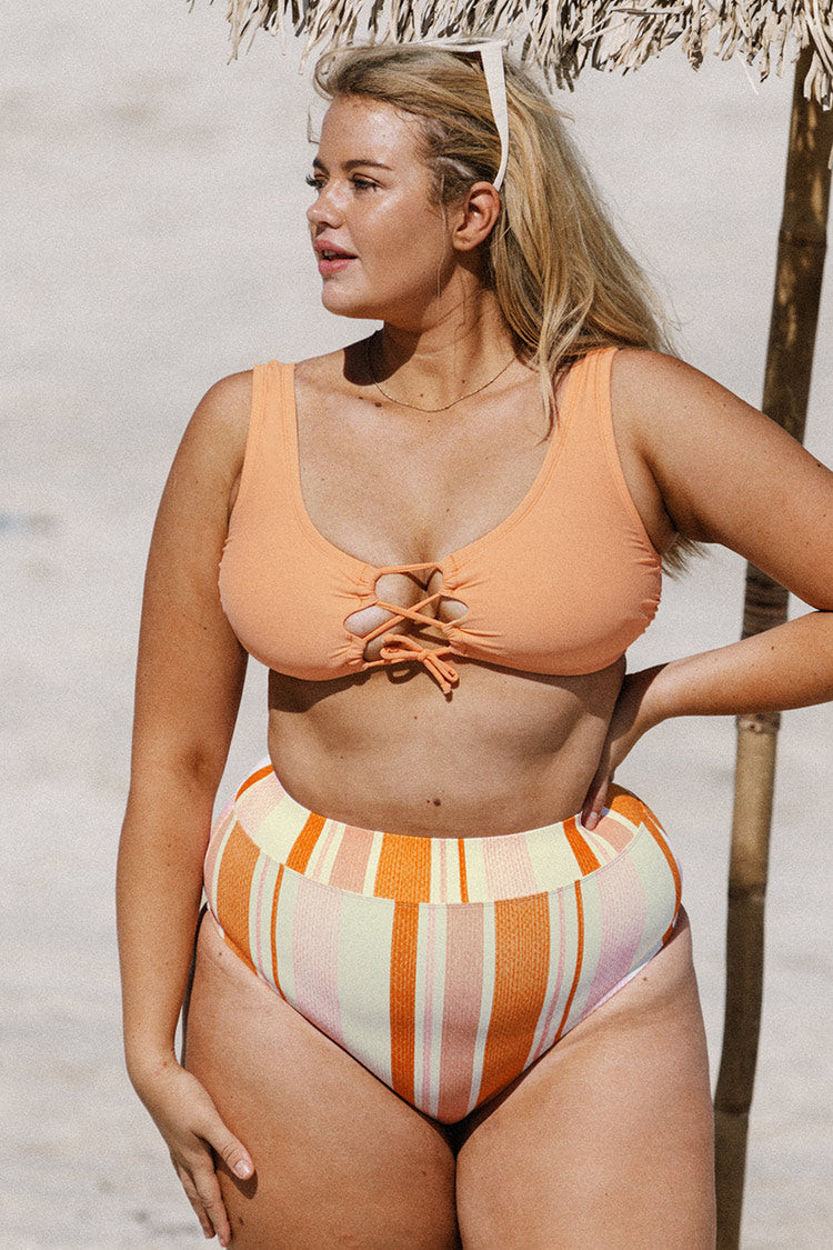 Happy Stripe Fixed Tie High Waist Tummy Control Plus Size Set | Cupshe US