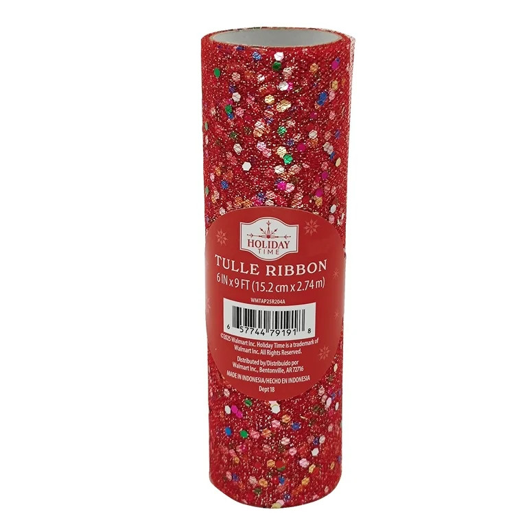 Red with Bright Multicolor Glitter Tulle Christmas Ribbon, 6" x 9', by Holiday Time | Walmart (US)