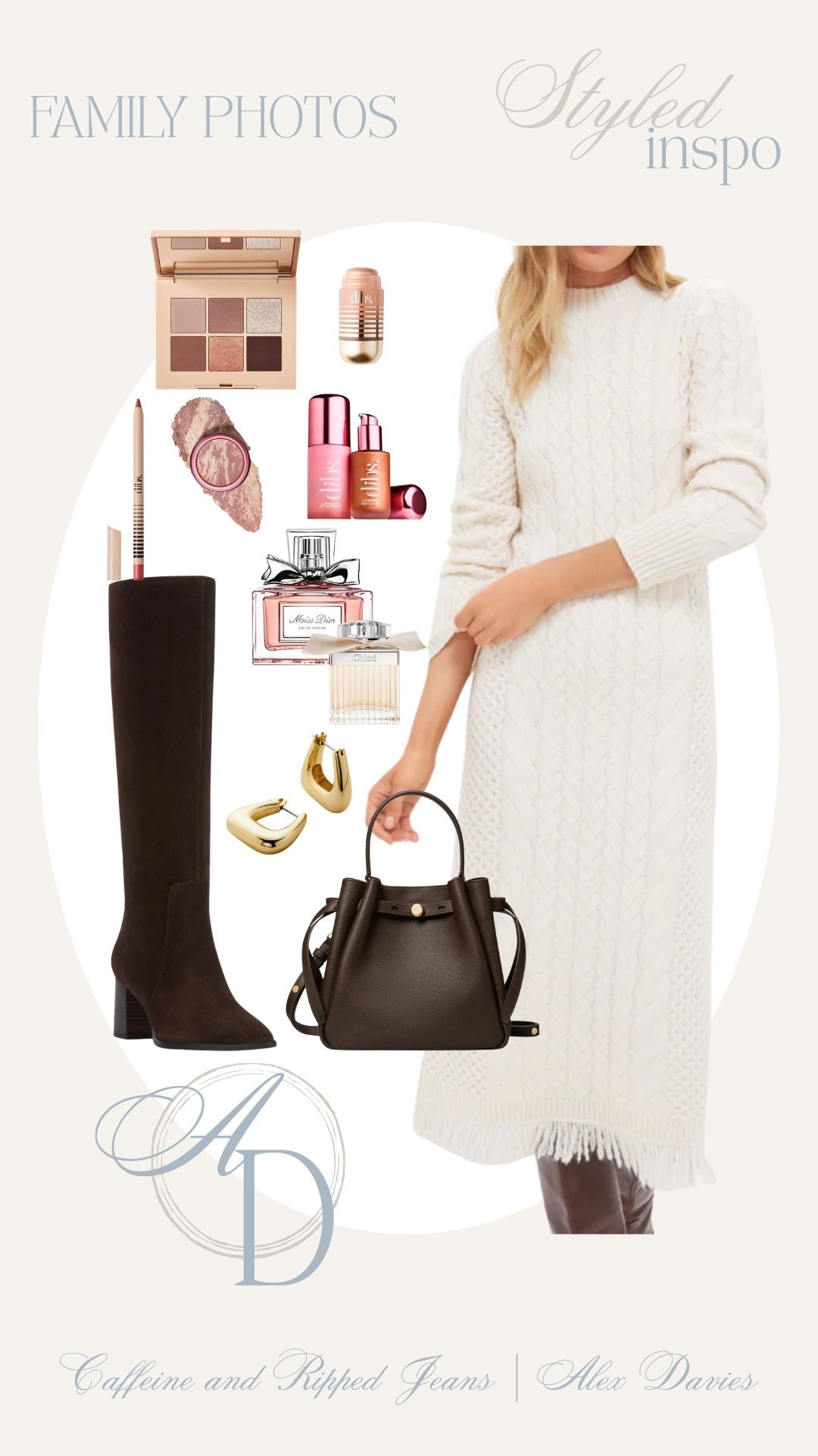 // family photos outfit inspo // off white sweater dress // brown suede boots // long off white sweater dress // sweater dress // cable knit sweater dress // dibs beauty makeup // dark brown boots // dark brown bag // perfume // gold hoops // 

#LTKFamily #LTKSeasonal #LTKFallSale
