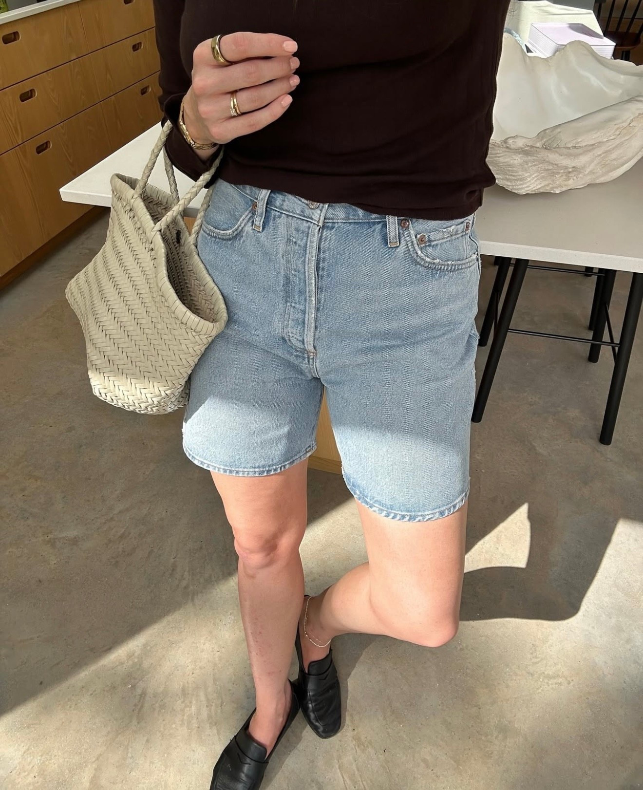 Simple and smart - a brown fitted long sleeve tee, classic light-wash denim shorts and black loafers. Effortless and polished for everyday wear, and chilly summer evenings.

Read all about my summer style report for Net a Porter on my Substack.

#LTKstyletip #LTKsummer