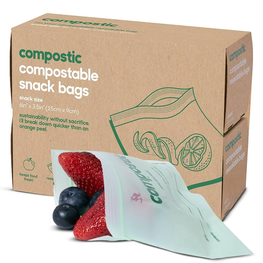 Compostic Home Compostable Resealable Snack Bags (6"x 3.5"), Microwave & Freezer Safe, Organic Fo... | Amazon (US)