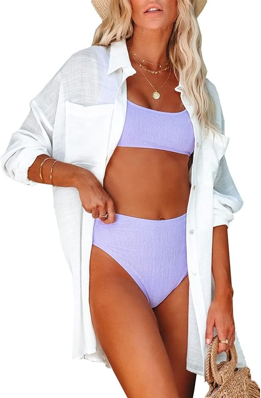 Dokotoo Womens Cotton Button Down Long Sleeve Shirts Bathing Suit Cover Ups Summer Cardigans with Po | Amazon (US)