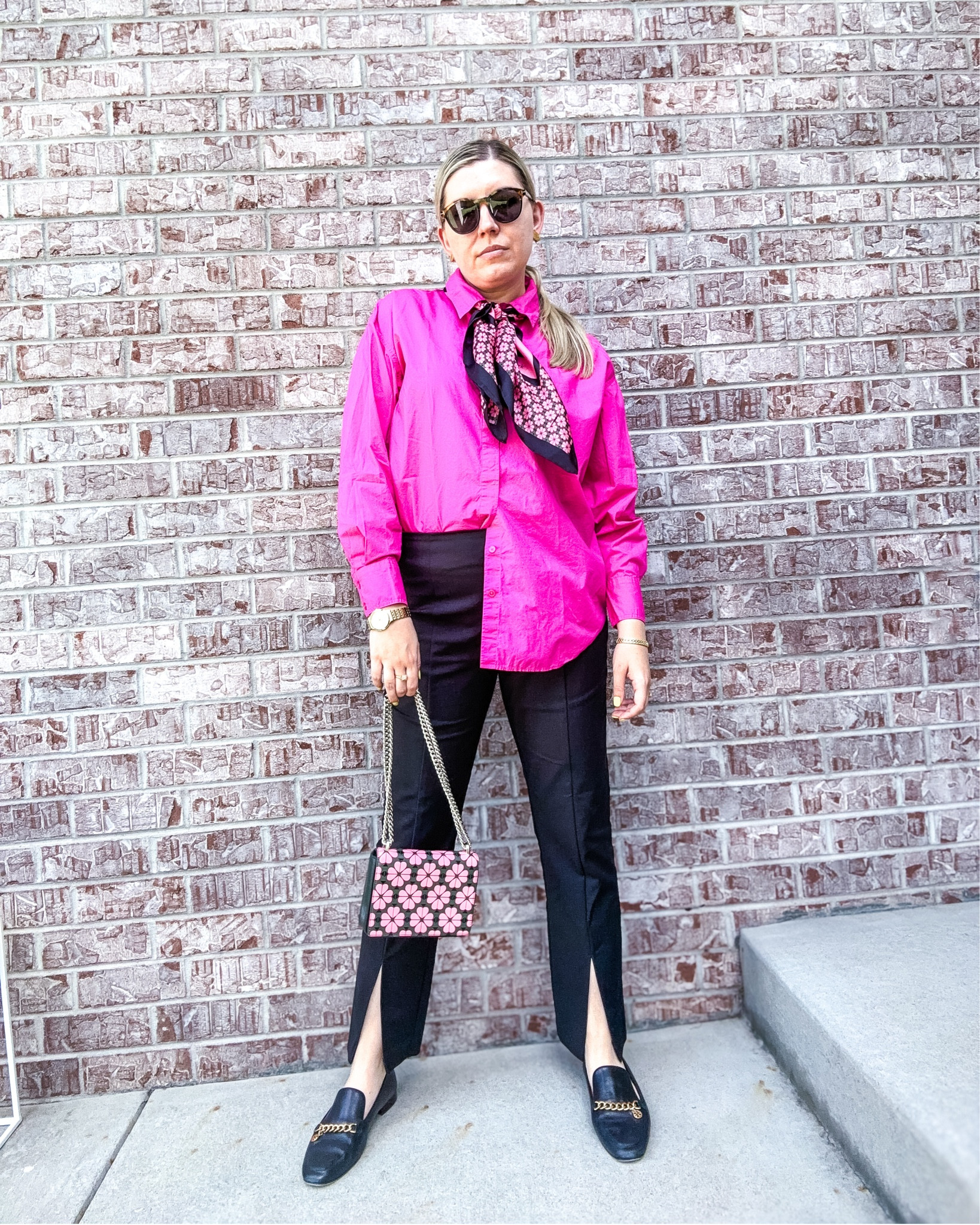 Look 11 - The Coco Cabana ☕️ 
A curated style series 

This look is such a great reminder that accessories really are the secret ingredient to personal style. The outfit itself is very classic timeless - but the right accessories make it me. I love how a bright pop of color instantly makes a fall look feel fresh and exciting while still celebrating the seasonal vibes. I’m always here for a twist on a classic. 🩷 

✨ About Coco Cabana:
This capsule is all about bright color mixed with black and white for fall. It’s feminine, preppy, and fun — perfect for an elevated but easy wardrobe. My capsules as a whole follow that same idea: mini worlds built around themes with a mix of new, thrifted, and rental finds that stand out.

Shirt - Boden (available to rent - use my coupon below)
Pants - Dillards (Gibson & Latimer) 
Bag & Scarf - Kate Spade 
Loafers - Tory Burch
Sunglasses - Tom Ford (linked)
Earrings - Hermes (linked in other color)
Watch - Bulova (similar linked)

Get $$ off of your Armoire rental membership: https://www.armoire.style/refer/katbondstyle

#CocoCabanaCapsule #PreppyStyle #FallFashion #ClassicWithATwist #ColorfulStyle  #StyleCapsule #WardrobeStories #AccessorizeBoldly

#LTKSeasonal #LTKShoeCrush #LTKStyleTip