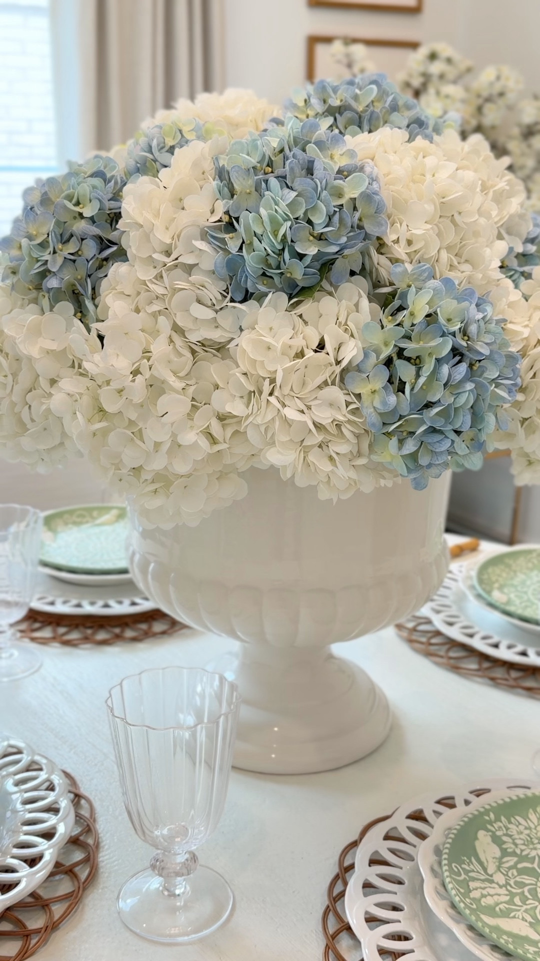 Spring flower arrangement oversized vase spring decor blue hydrangeas 