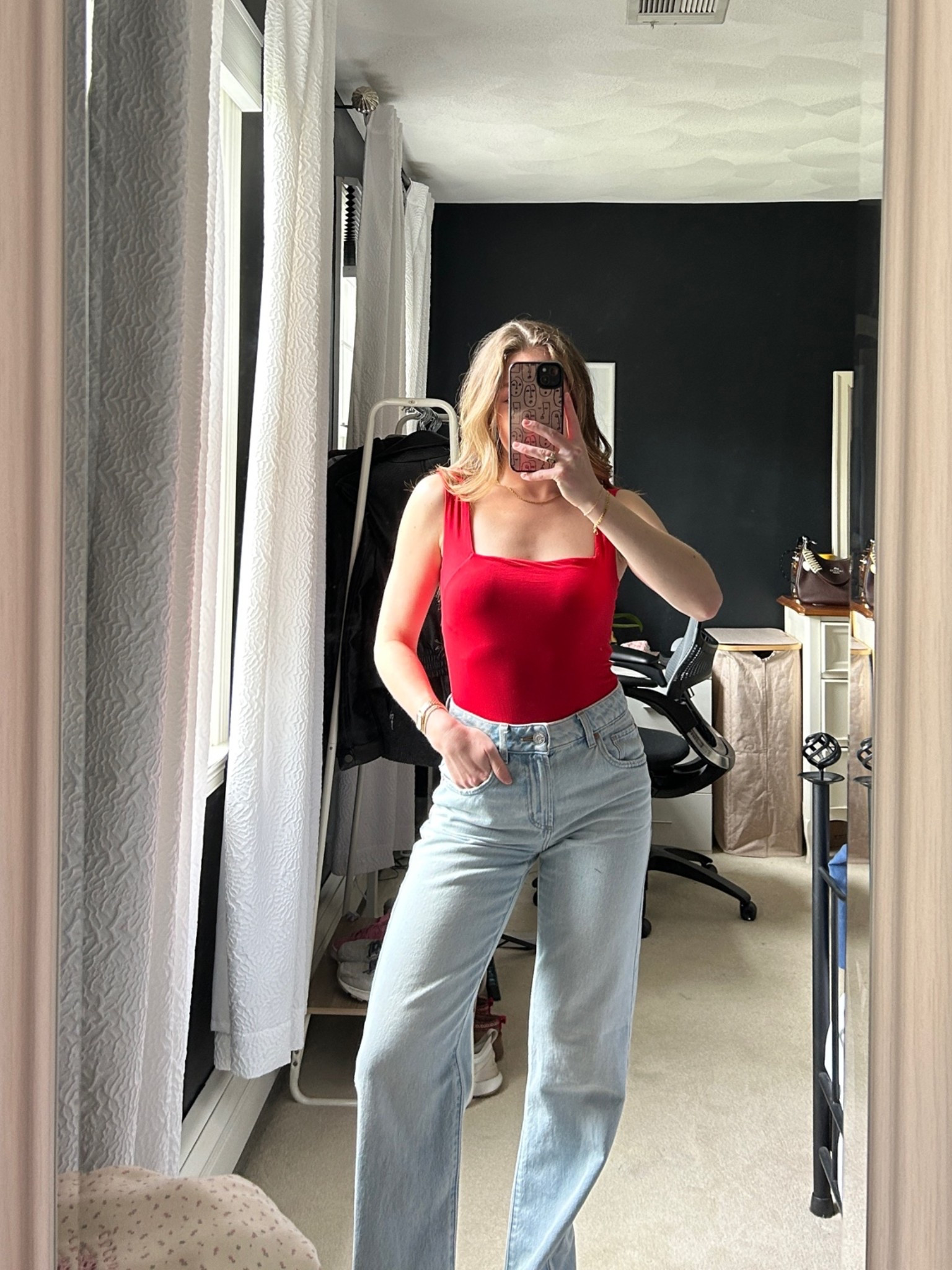 Simple outfit, basic outfit, basic outfit inspo, closet staples, light wash jeans, garage jeans, Amazon tops, Amazon basics, red bodysuit, coach watch, gold watch

#LTKdayinmylife #LTKSeasonal #LTKootd