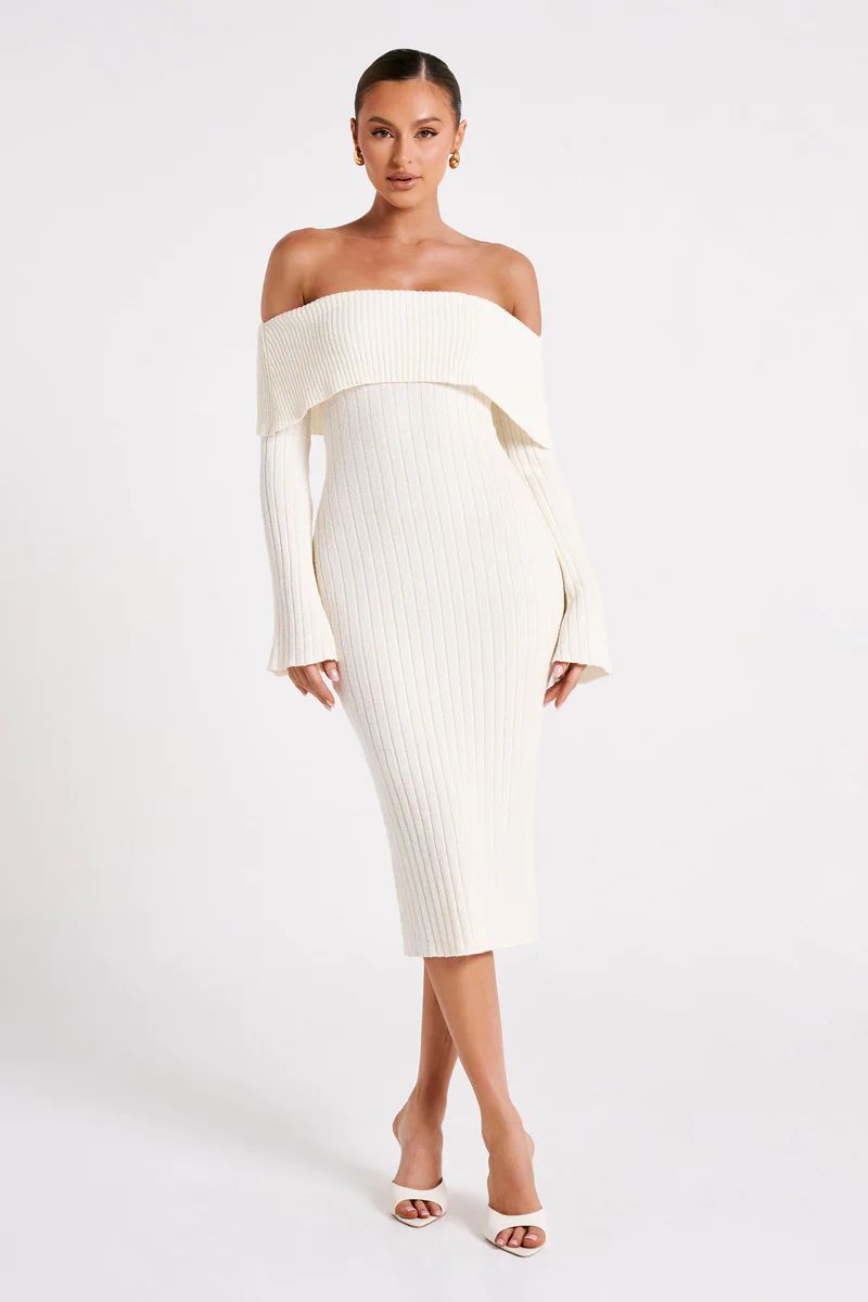 Stefania Off Shoulder Knit Dress - White | MESHKI US