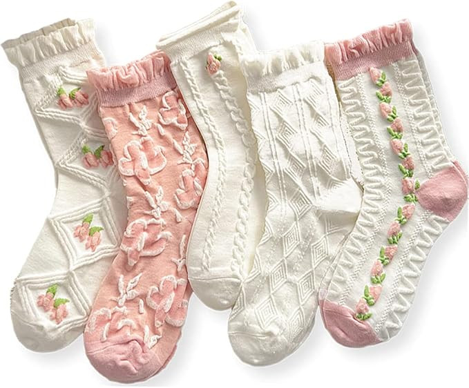 CHUNFO Cute Pink White Flora Women Ankle Sock Stripe Lettuce Trim Knitted Comfy Embroidered Girl ... | Amazon (US)