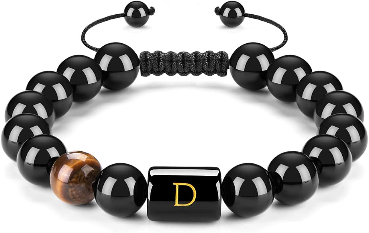 FRG Initials Bracelets for Men Letter Link Handmade Natural Black Onyx Tiger Eye Stone Beads Brai... | Amazon (US)
