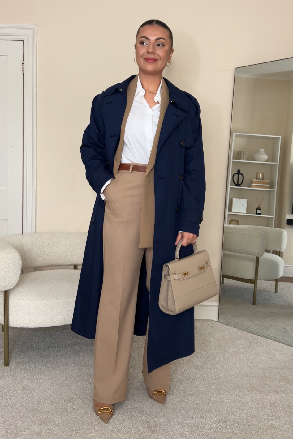 Autumn work/office outfit with a navy trench coat.
Shirt is from Mango, wearing size S.
Blazer is from Zara, ref. 2753/132 wearing size S.
Trench coat is from Ralph Lauren, wearing size UK8.
Trousers are from Zara, ref. 2753/121, wearing size M.
Heels are from Zara, ref. 2209/210.
Bag is from Teddy Blake.

#LTKeurope #LTKfindsunder100 #LTKstyletip