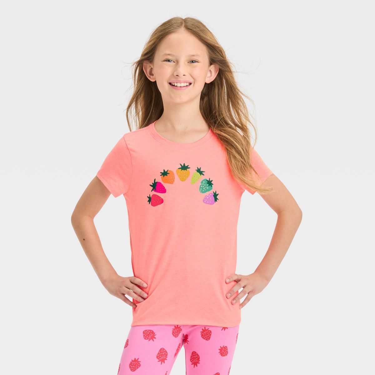 Girls' Short Sleeve 'Rainbow Strawberry' Graphic T-Shirt - Cat & Jack™ Bright Pink L Plus | Target