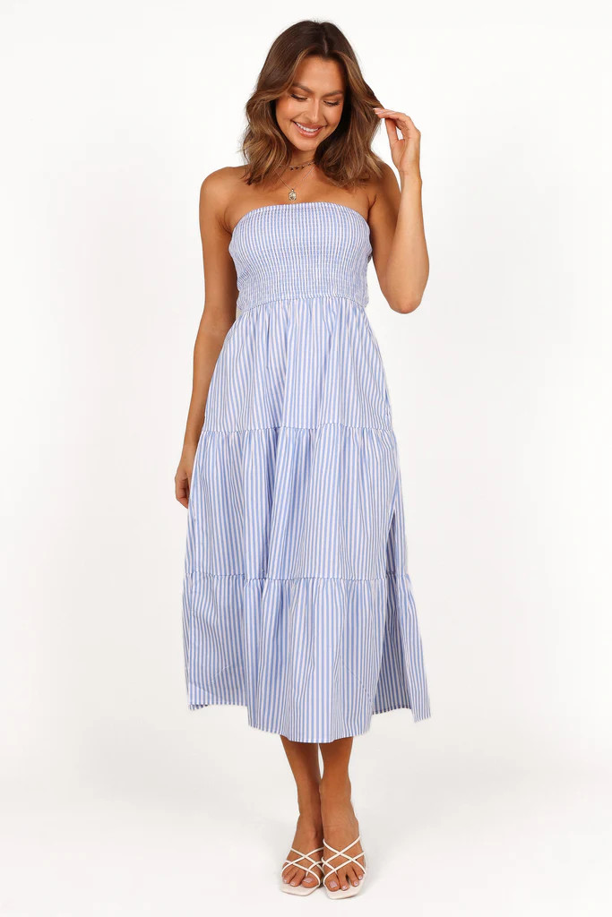 Maisie Strapless Midi Dress - Blue Stripe | Petal & Pup (AU)