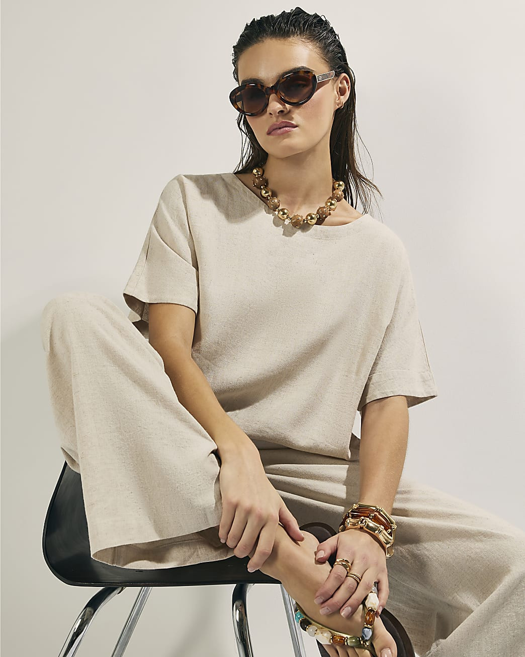 Beige Linen Blend Short Sleeve T-Shirt | River Island UK & IE