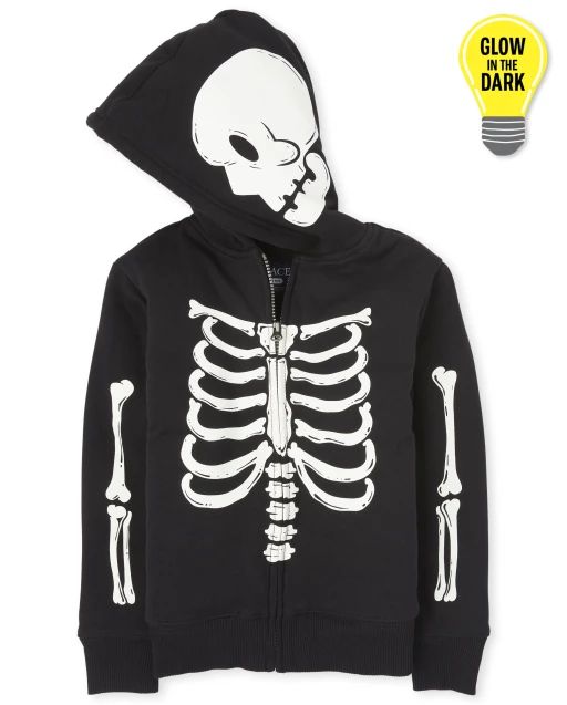Unisex Kids Matching Family Halloween Glow Skeleton Sherpa Zip Up Hoodie - black | The Children's Place