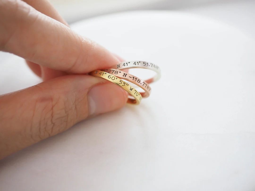 Dainty Coordinates Ring Stackable Band Latitude Longitude Ring Personalized Custom Location Jewel... | Etsy (US)