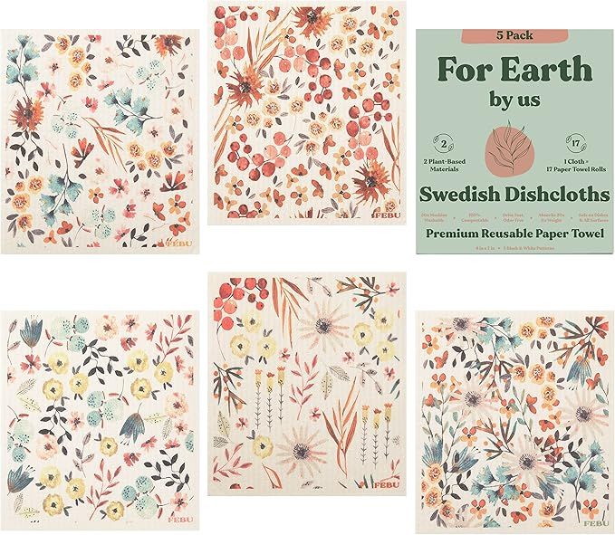 FEBU Swedish Dishcloths for Kitchen | 5 Pack Watercolor Swedish Dish Towels | Cellulose Sponge Cl... | Amazon (US)