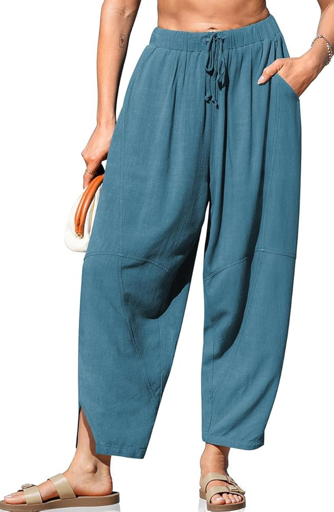 TARSE Women's Linen Harem Pants Casual Loose Fit Wide Leg Cropped Lightweight Drawstring Elastic ... | Amazon (US)