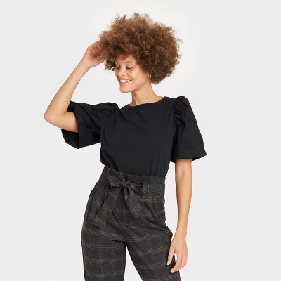 Women's Puff Short Sleeve Round Neck Mixed Media T-Shirt - A New Day™ | Target