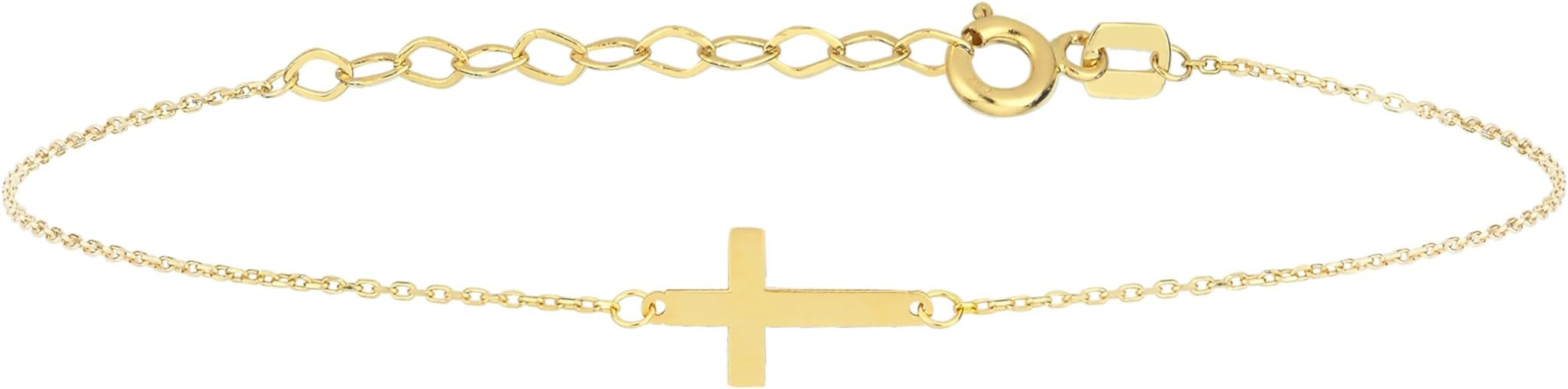 14K Solid Gold Cross Bracelet for Women, Real Solid Gold Sideways Adjustable Cross Bracelet, Gold... | Amazon (US)