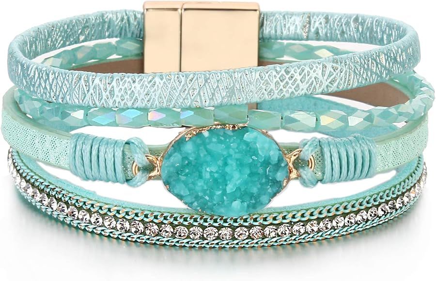 FANCY SHINY Leather Wrap Bracelet Boho Cuff Bracelets Crystal Bead Bracelet with Magnetic Clasp for  | Amazon (US)