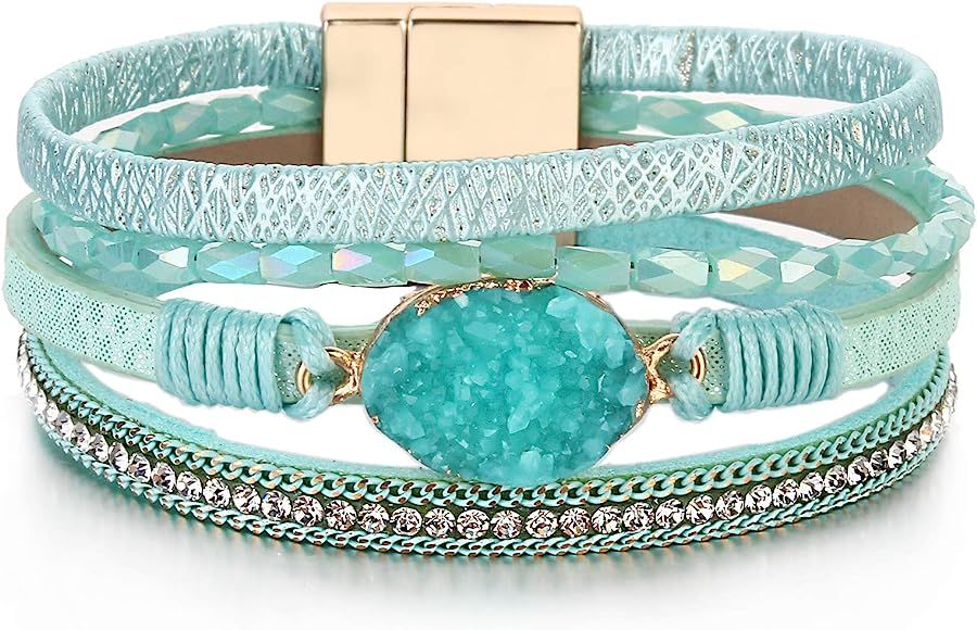 FANCY SHINY Leather Wrap Bracelet Boho Cuff Bracelets Crystal Bead Bracelet with Magnetic Clasp for  | Amazon (US)