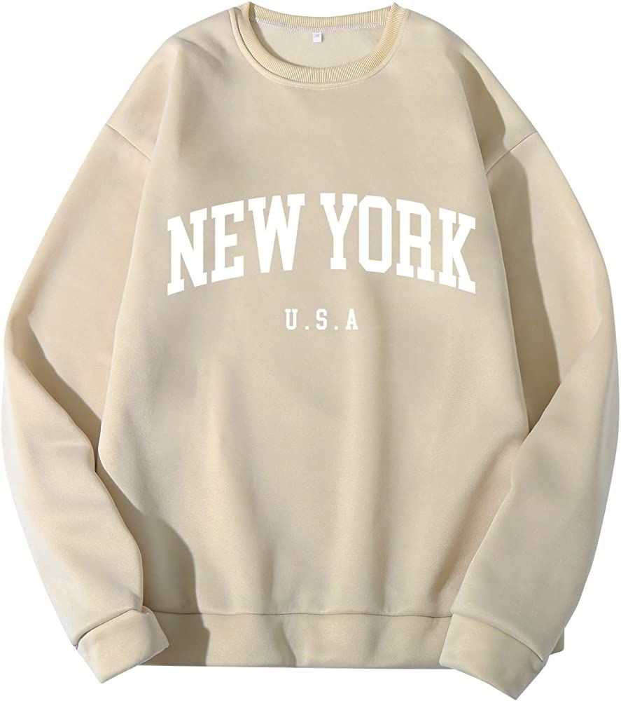 Long Sleeve Sweatshirts for Womens Sporty Crew Neck New York U.S.A Preppy Crewneck Solid Vintage ... | Amazon (US)