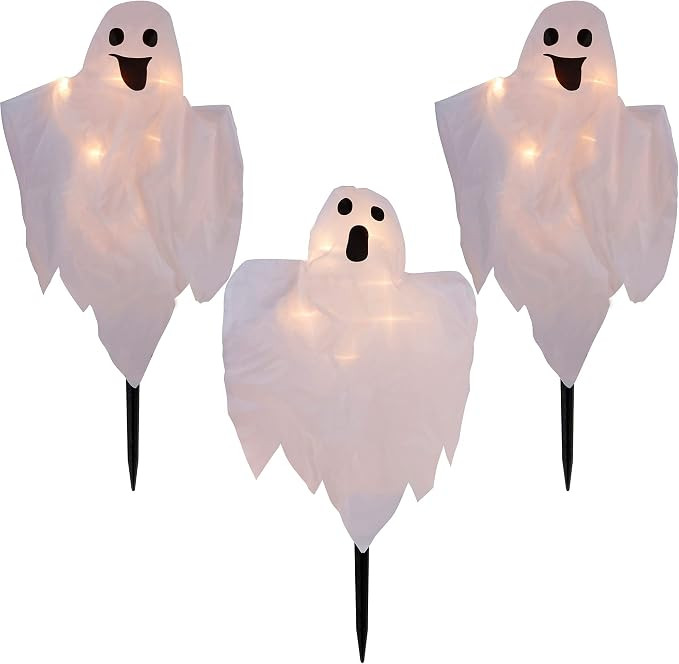 Halloween Decorations, 3 Pack 26 Inch Lighted White Ghost Stakes, Cloth Ghosts with 20-Count Inca... | Amazon (US)
